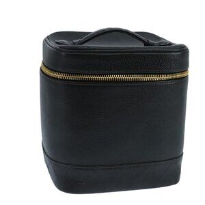 CHANEL Bicolore Vanity Cosmetic Pouch Grained Calf Skin Black Gold CC Auth